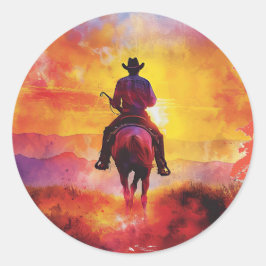 Cowboy op zonsondergang rijden sticker. ronde sticker