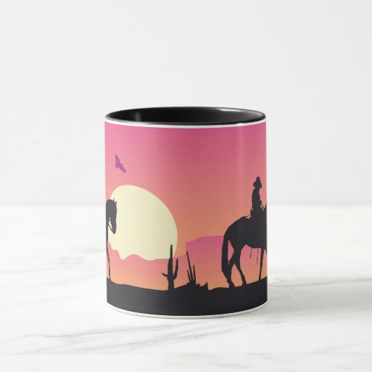 Cowboy, paard en roze zonsondergang woestijn mok (Midden)