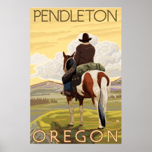 Cowboy & paarden - Pendleton, Oregon Poster