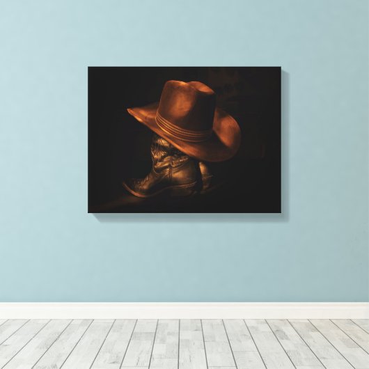 Cowboy Pet en lederen laarzen rustieke mannelijke Canvas Afdruk (Insitu (Houten vloer))