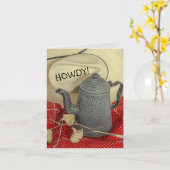 Cowboy pet en oude tin emaille koffiepot verjaarda kaart (Gele Bloem)