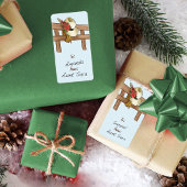 Cowboy Pet met Poinsettias Op Omheining Kerst Etiket