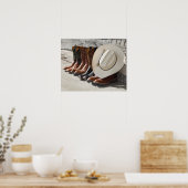 Cowboy pet op rij cowboylaarzen buiten een logboek poster (Keuken)