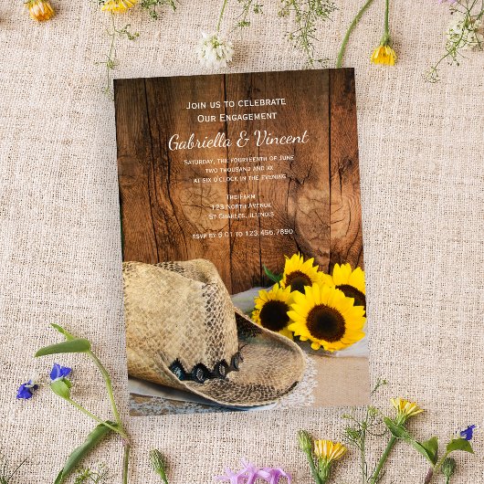 Cowboy Pet, Sunflower Barn Wood Engagement Party Kaart