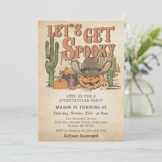 Cowboy pompoen Halloween Verjaardag Lets Get Spook Kaart (Staand voorkant)