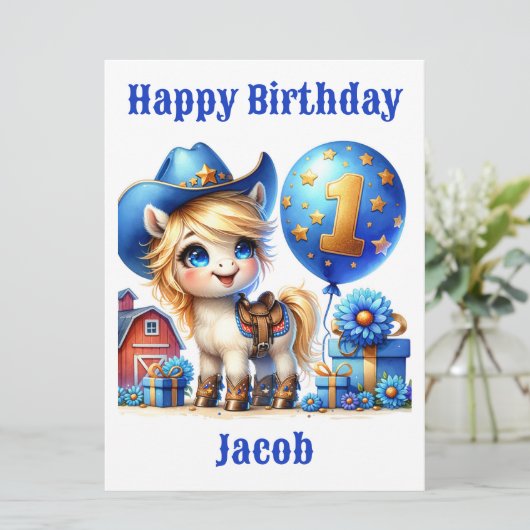 Cowboy Pony 1-jarige Kaart (Staand voorkant)