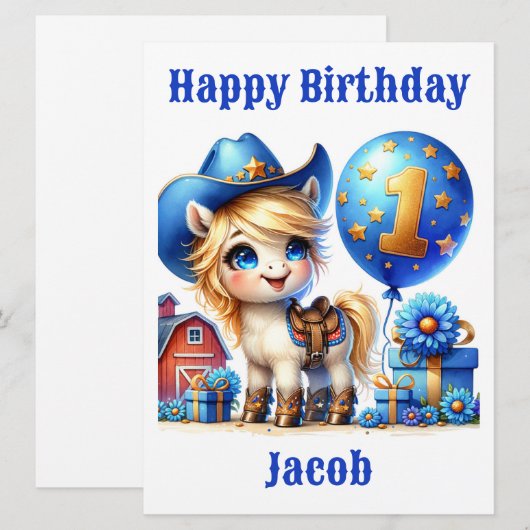 Cowboy Pony 1-jarige Kaart (Voorkant / Achterkant)