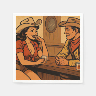 Cowboy praat met cowgirl in de salonbar servet