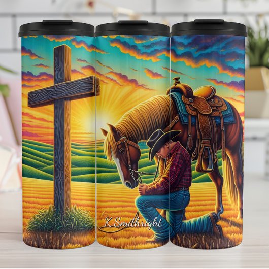 Cowboy Praying Horse Cross Sunset Thermosbeker