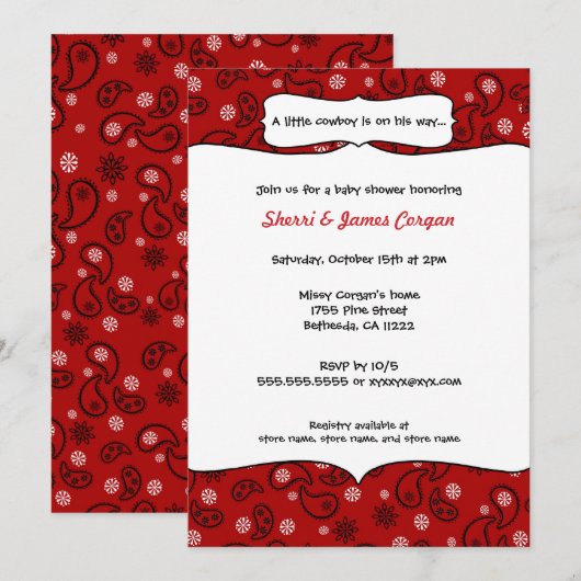 Cowboy Red Paisley Baby shower Invite Kaart (Voorkant / Achterkant)