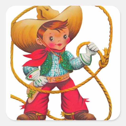 Cowboy Retro Boy Child Cute Western Vierkante Sticker (Voorkant)