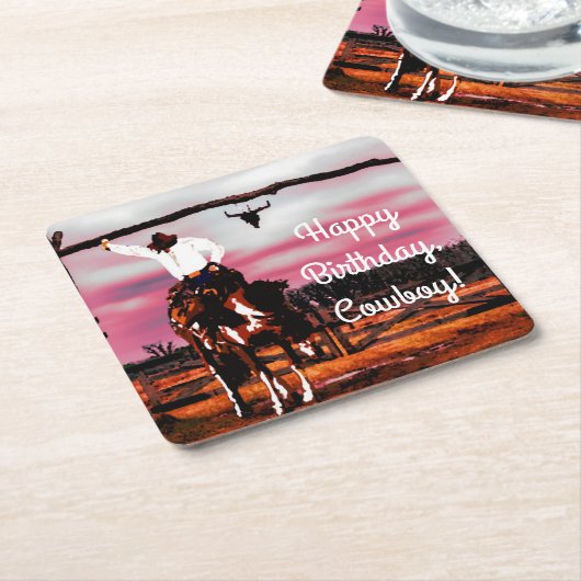 Cowboy Riding a Bronco Birthday Kartonnen Onderzetters (Schuin)
