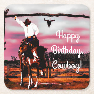 Cowboy Riding a Bronco Birthday Kartonnen Onderzetters