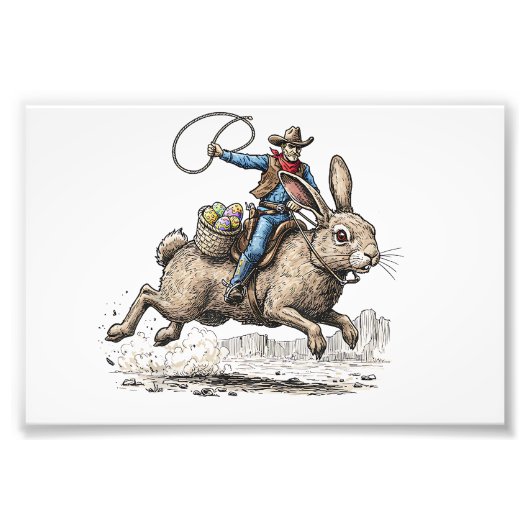 Cowboy Riding Easter Bunny Western Howdy Easter Fu Foto Afdruk (Voorkant)