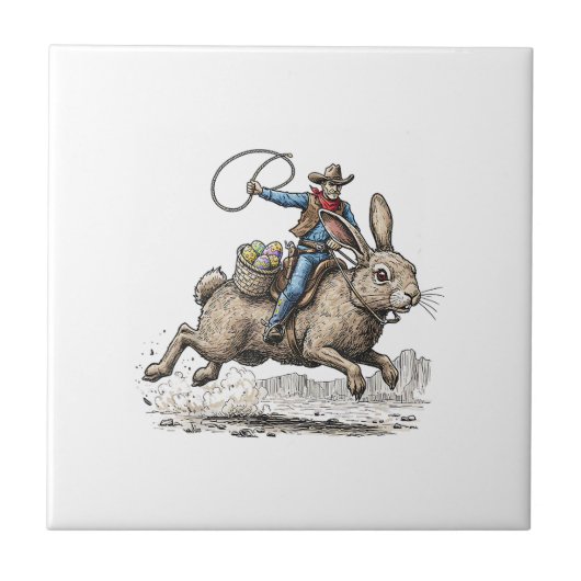 Cowboy Riding Easter Bunny Western Howdy Easter Fu Tegeltje (Voorkant)