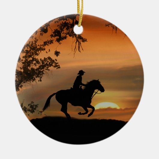 Cowboy Riding Horse in de Sunset Keramisch Ornament (Voorkant)