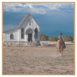 Cowboy Riding Horse to Church Print Fabric 9" Stof