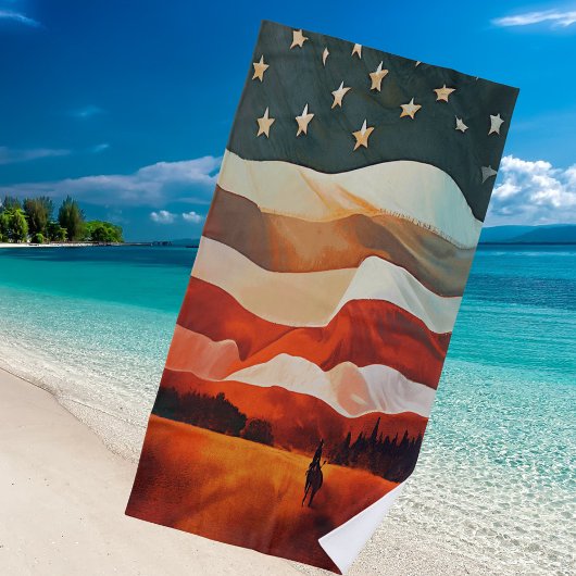 Cowboy Riding in USA Flag Stars Stripes Sunset Strandlaken
