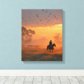 Cowboy Riding Into Fiery Sunset Art Canvas Afdruk (Insitu (Houten vloer))