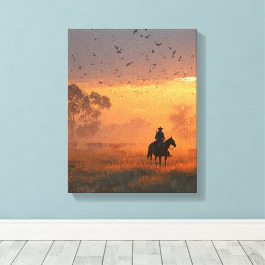 Cowboy Riding Into Fiery Sunset Art Canvas Afdruk (Insitu (Houten vloer))