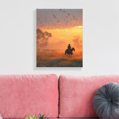 Cowboy Riding Into Fiery Sunset Art Canvas Afdruk (Insitu (Woonkamer))
