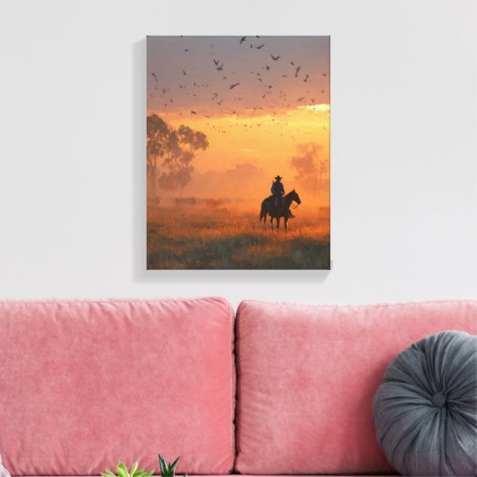 Cowboy Riding Into Fiery Sunset Art Canvas Afdruk (Insitu (Woonkamer))