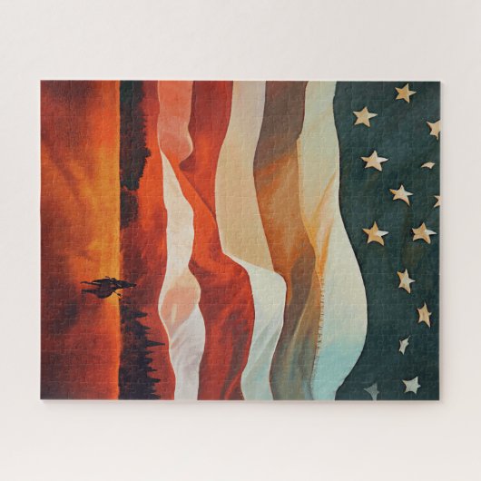 Cowboy Riding naar Flag Sunset Legpuzzel (Horizontaal)