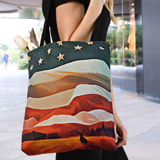 Cowboy Riding naar Flag Sunset Tote Bag