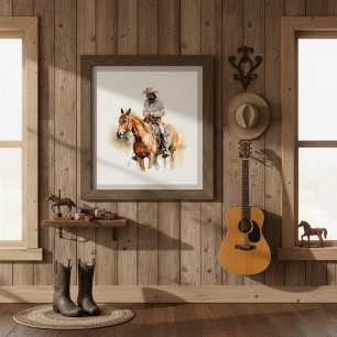 Cowboy rijden op een bruin paard ook, aanpasbaar poster