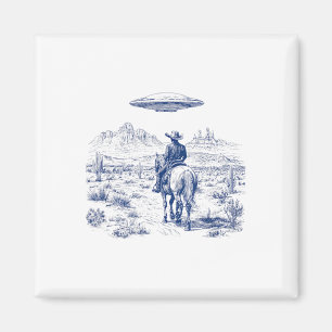 Cowboy Rijden Paard Ufo Boven Woestijn Cactus West Magneet