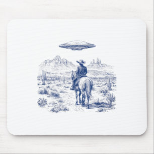 Cowboy Rijden Paard Ufo Boven Woestijn Cactus West Muismat