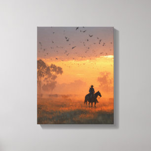 Cowboy rijdt in vurige zonsondergangskunst canvas afdruk