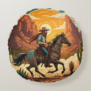 Cowboy rijdt paard bij zonsondergang rond kussen