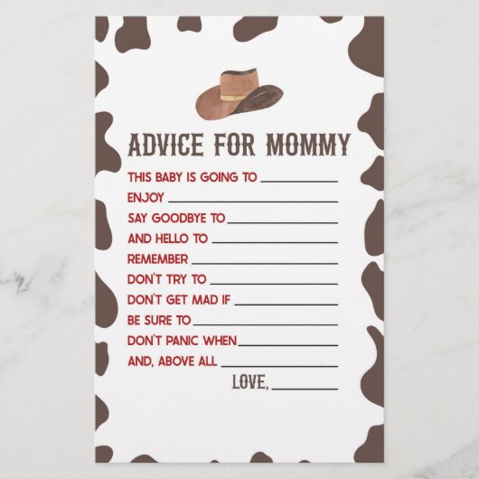 Cowboy Rodeo Advies Baby Shower Spel Activiteit Briefpapier (Voorkant)