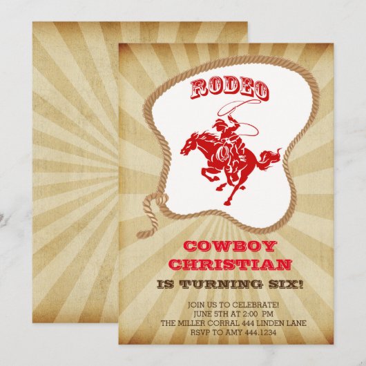 Cowboy Rodeo verjaardagsfeestje uitnodigingen (Voorkant / Achterkant)
