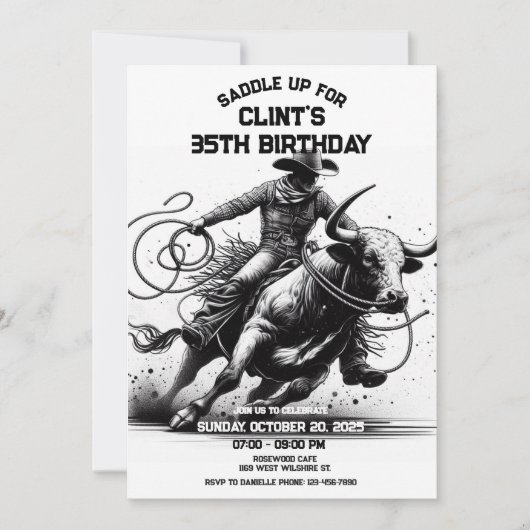 Cowboy Rodeo verjaardagsuitnodiging, Rodeo Bull Ri Kaart (Voorkant)