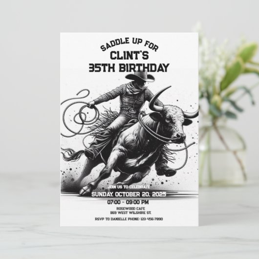 Cowboy Rodeo verjaardagsuitnodiging, Rodeo Bull Ri Kaart (Staand voorkant)