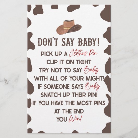 Cowboy Rodeo Western Don't Say Baby shower Game Briefpapier (Voorkant)