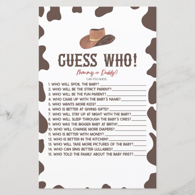 Cowboy Rodeo Western Guess Who Baby shower Game (Voorkant)