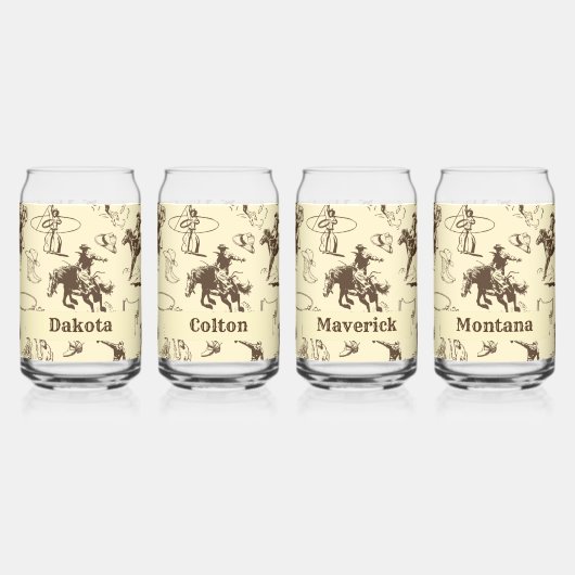 Cowboy Rodeo Westerne gepersonaliseerde set van 4 Blikvorm Glas (Voorkant)