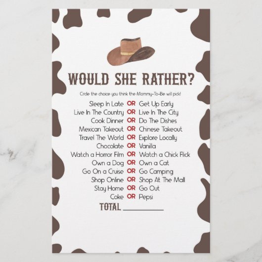 Cowboy Rodeo wil dat ze liever Baby shower spel Briefpapier (Voorkant)