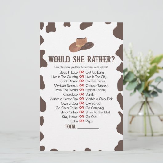 Cowboy Rodeo Zou Zij Liever Baby Shower Spel Briefpapier (Staand voorkant)