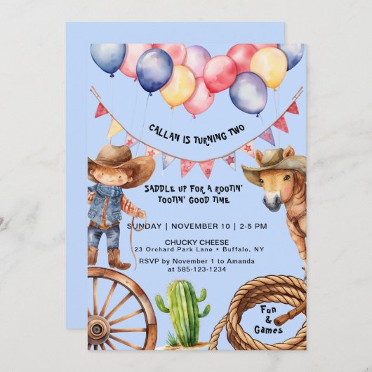 Cowboy Rootin 'Rootin' Time Verjaardag Uitnodiging (Voorkant / Achterkant)