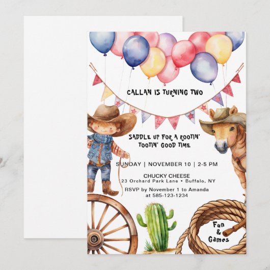 Cowboy Rootin 'Rootin' Time Verjaardag Uitnodiging (Voorkant / Achterkant)