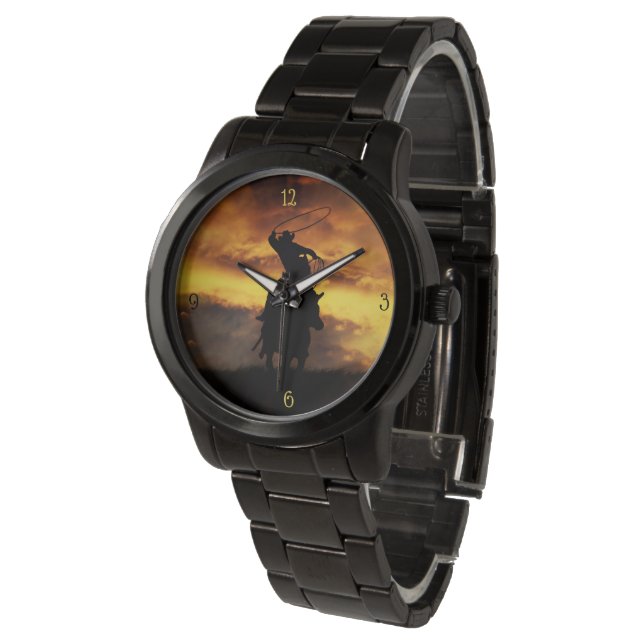 Cowboy Roping Steer Off Horse Sunset Horloge (Gekanteld)