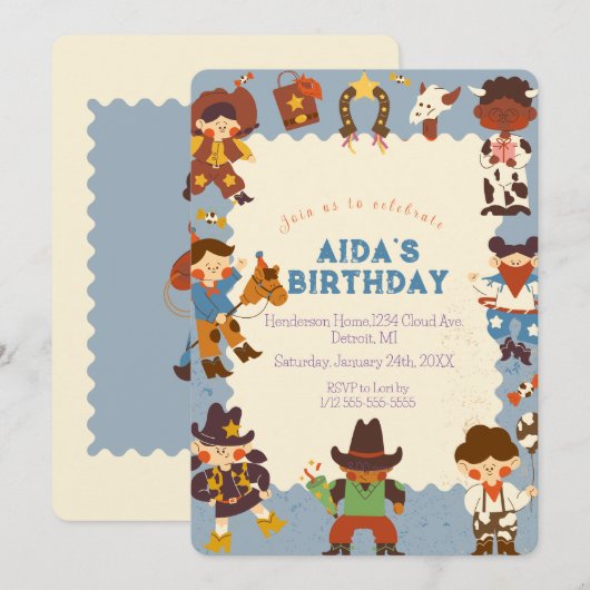 "Cowboy Roundup uitnodiging voor verjaardagsfeestj (Voorkant / Achterkant)