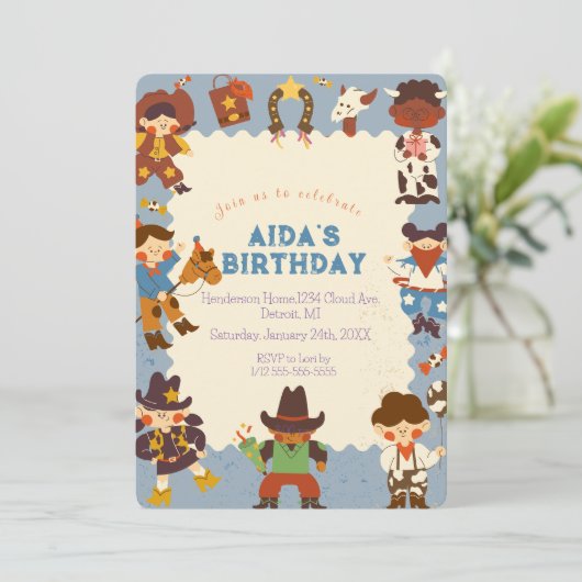 "Cowboy Roundup uitnodiging voor verjaardagsfeestj (Staand voorkant)