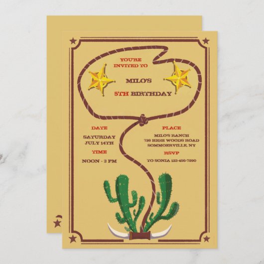 Cowboy Roundup uitnodiging voor verjaardagsfeestje (Voorkant / Achterkant)
