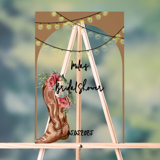 Cowboy roze bloemige bruidsdouche  acryl bord (Neutraal)