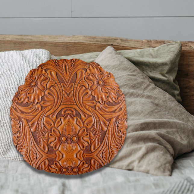 Cowboy Rustieke westerne land gereedschappen leder Rond Kussen (Cowboy Rustic western country tooled leather print Round Pillow)